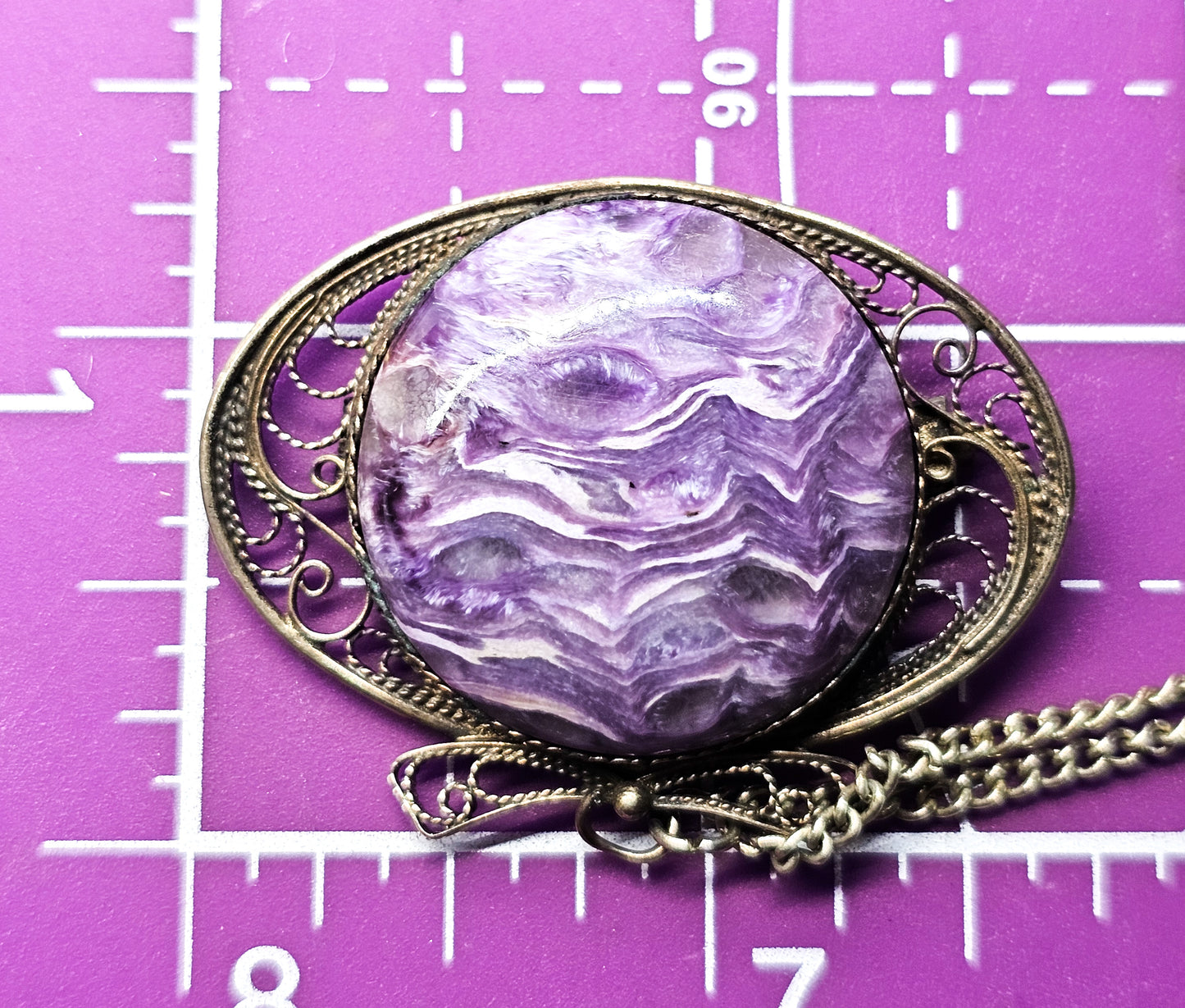 Russian Charoite purple banded gemstone silver plated vintage filigree brooch lapel pin