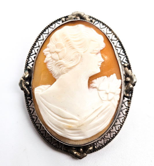Cameo Carved shell flower nymph woman sterling silver vintage mid century brooch