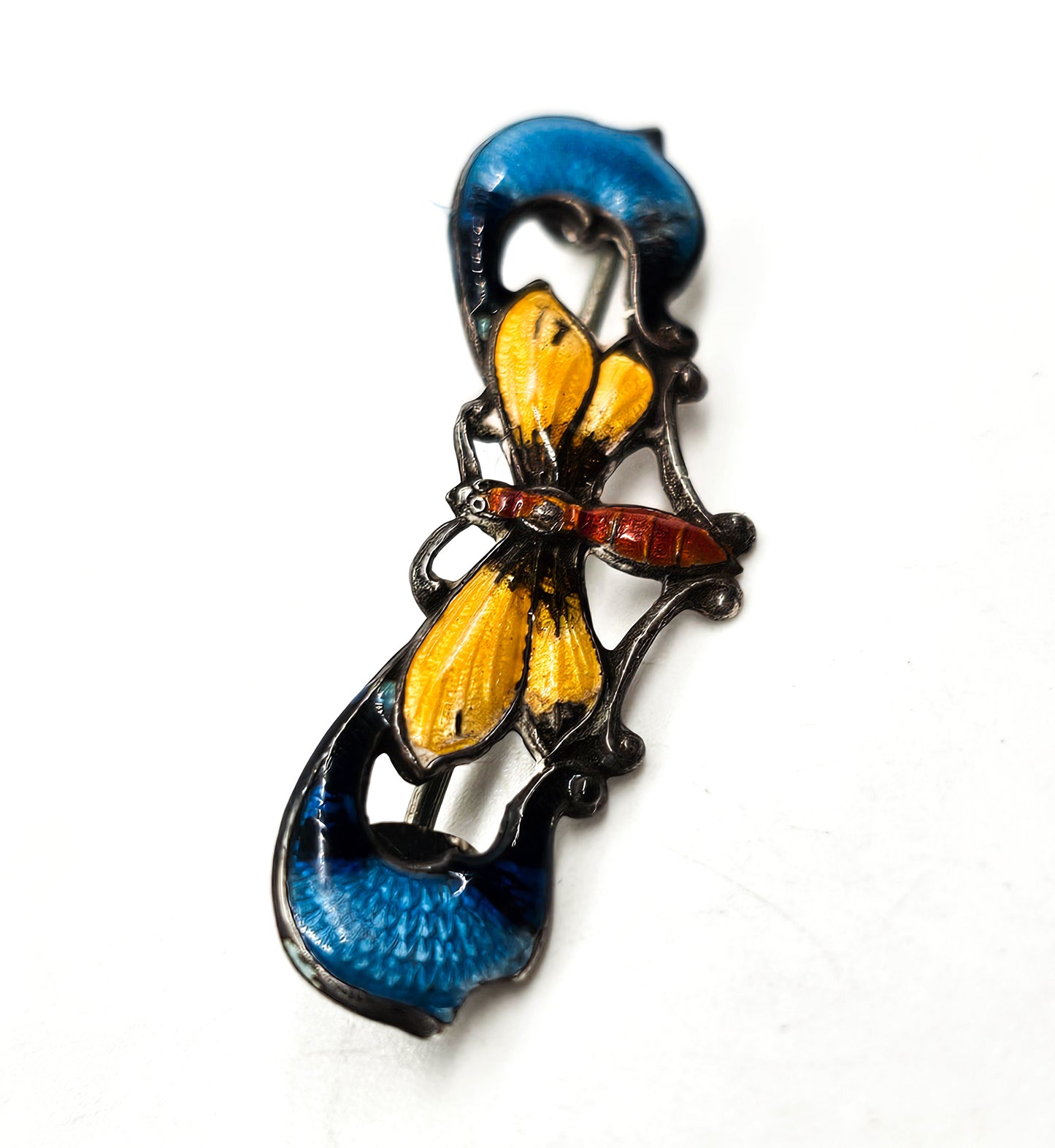 Art Nouveau Dragonfly guilloche bright enamel antique sterling silver open work brooch