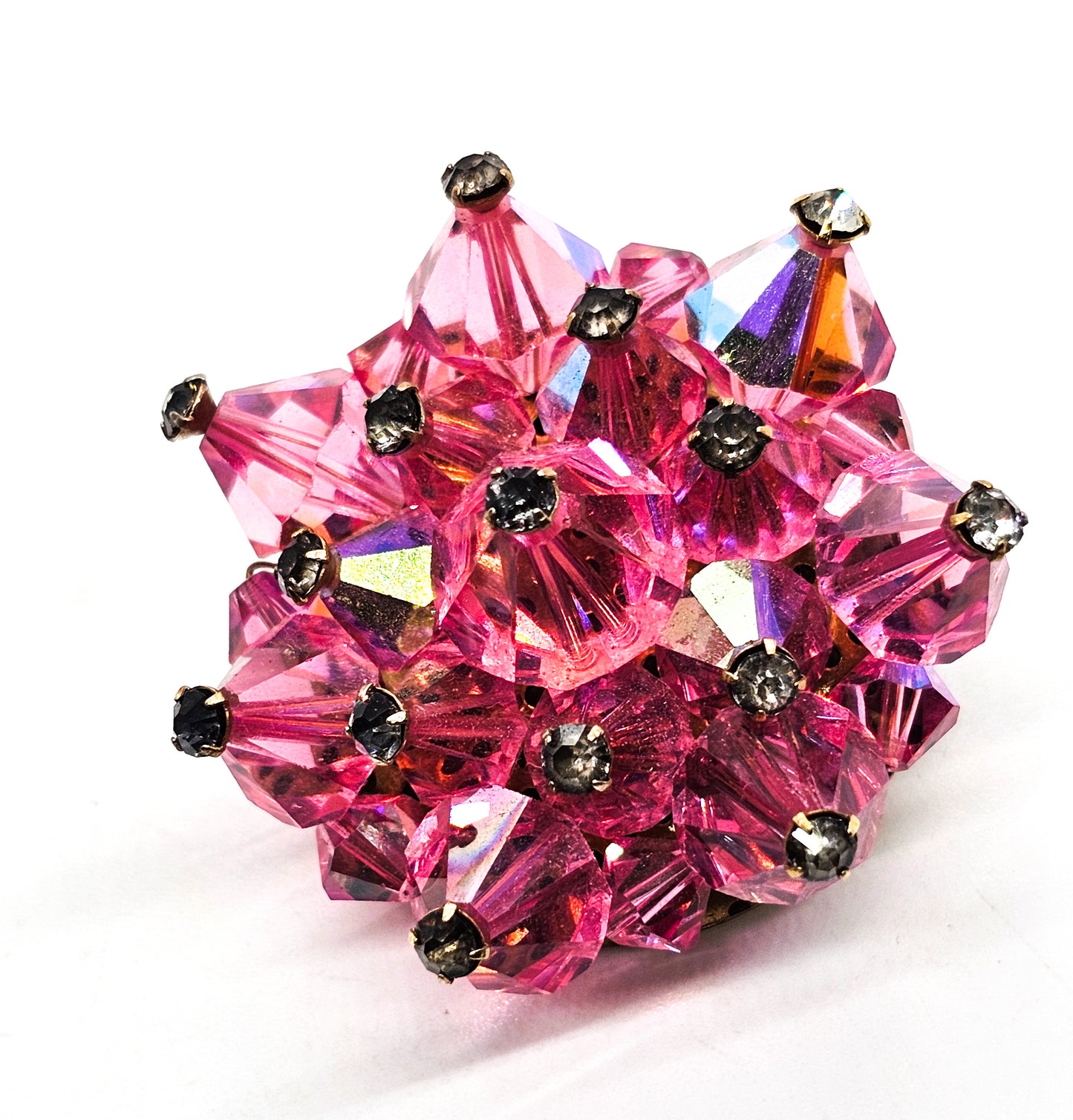 Pink Aurora Borealis Austrian Crystal bi-cone beaded vintage rhinestone brooch