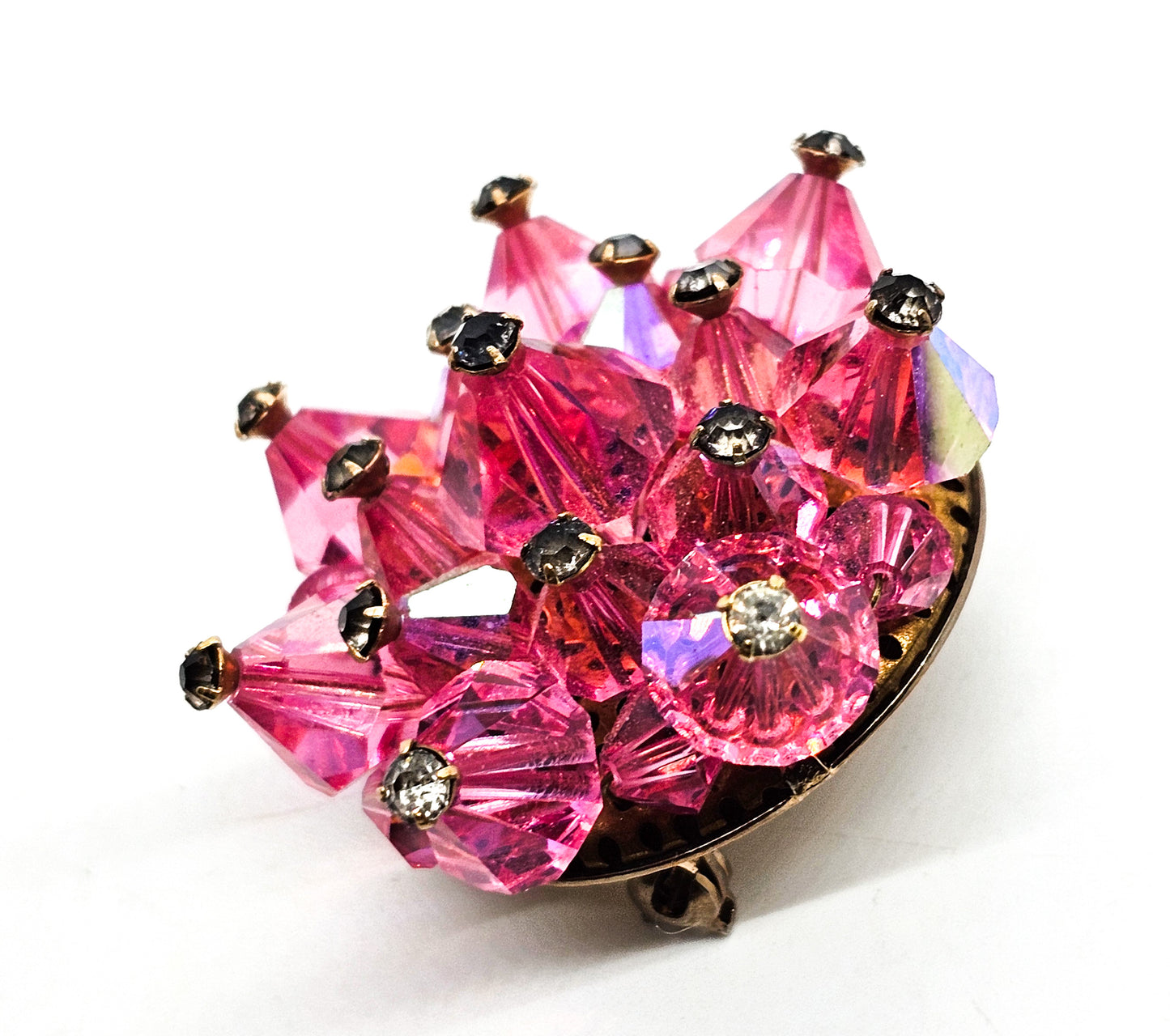 Pink Aurora Borealis Austrian Crystal bi-cone beaded vintage rhinestone brooch