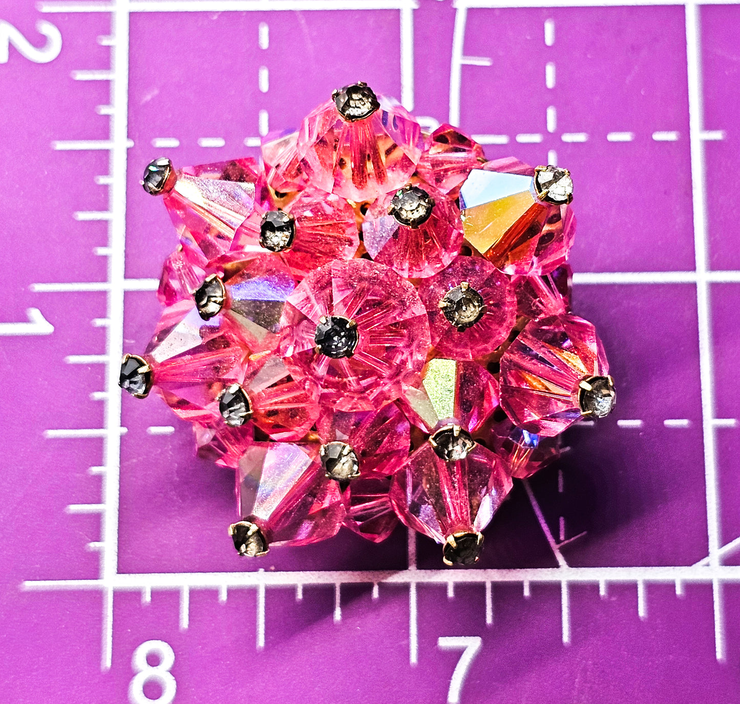 Pink Aurora Borealis Austrian Crystal bi-cone beaded vintage rhinestone brooch