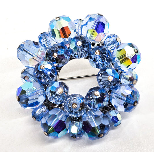 Blue Austrian Crystal Aurora Borealis beaded vintage mid century circle brooch