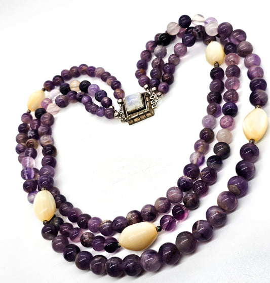 Purple Amethyst three strand beaded sterling silver flashy moonstone necklace