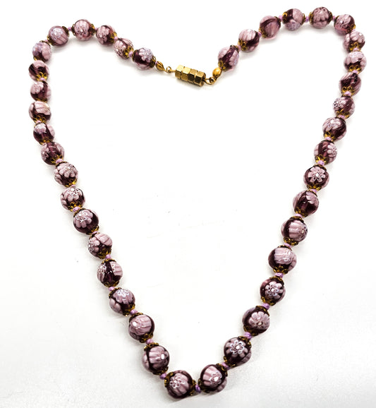Murano Millefiori flower pink purple Italian glass vintage beaded silk knot necklace