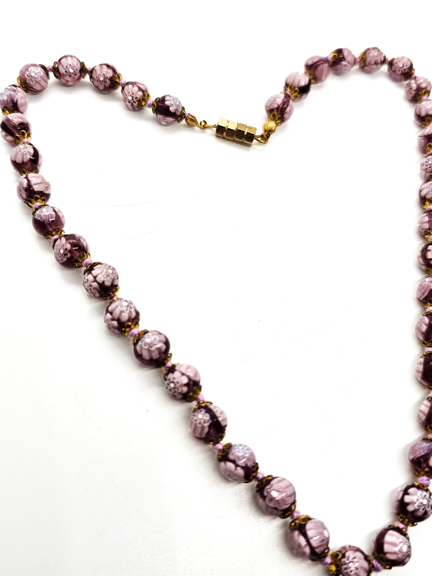 Murano Millefiori flower pink purple Italian glass vintage beaded silk knot necklace