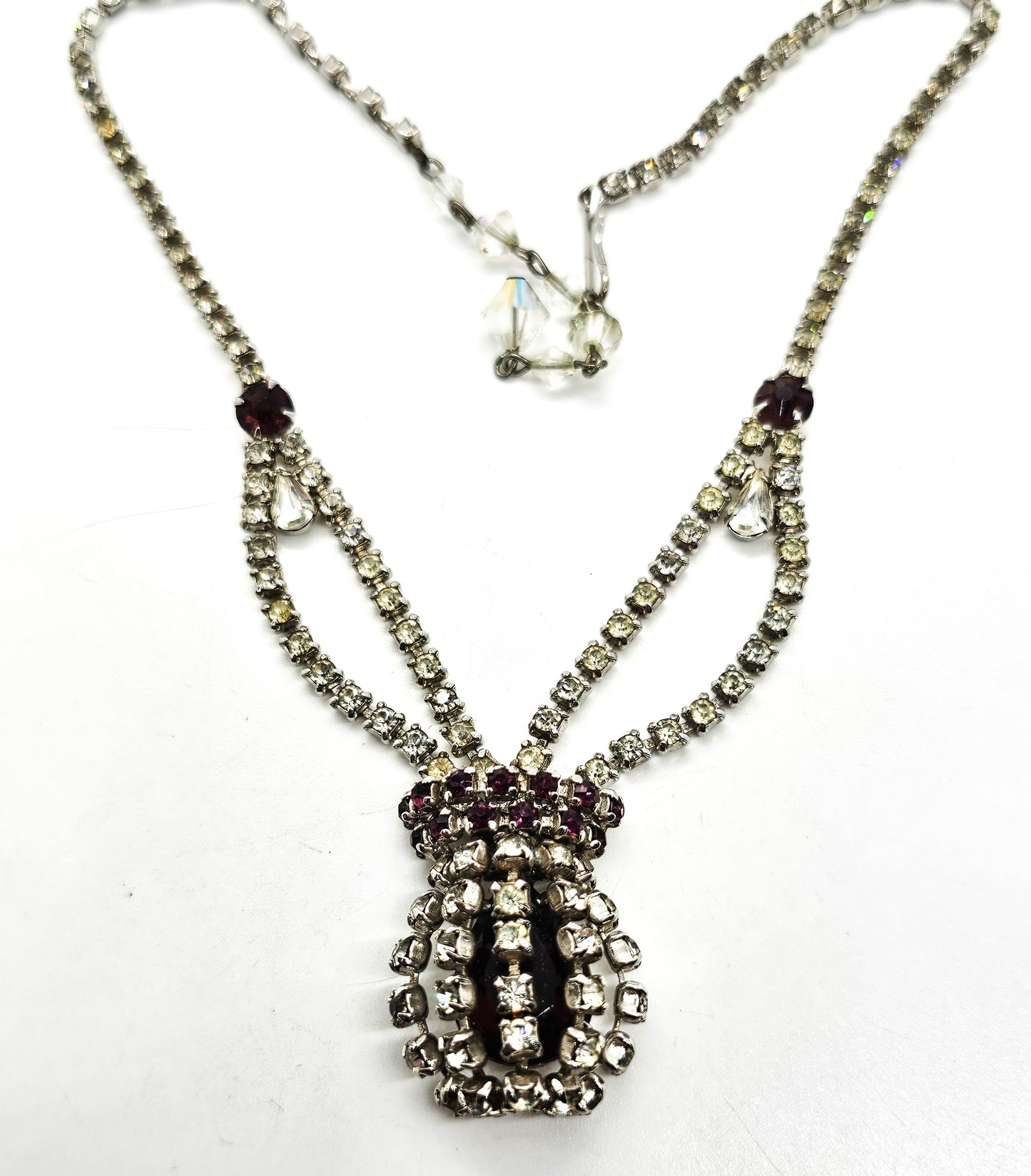 Purple caged pendant vintage rhinestone holiday statement necklace
