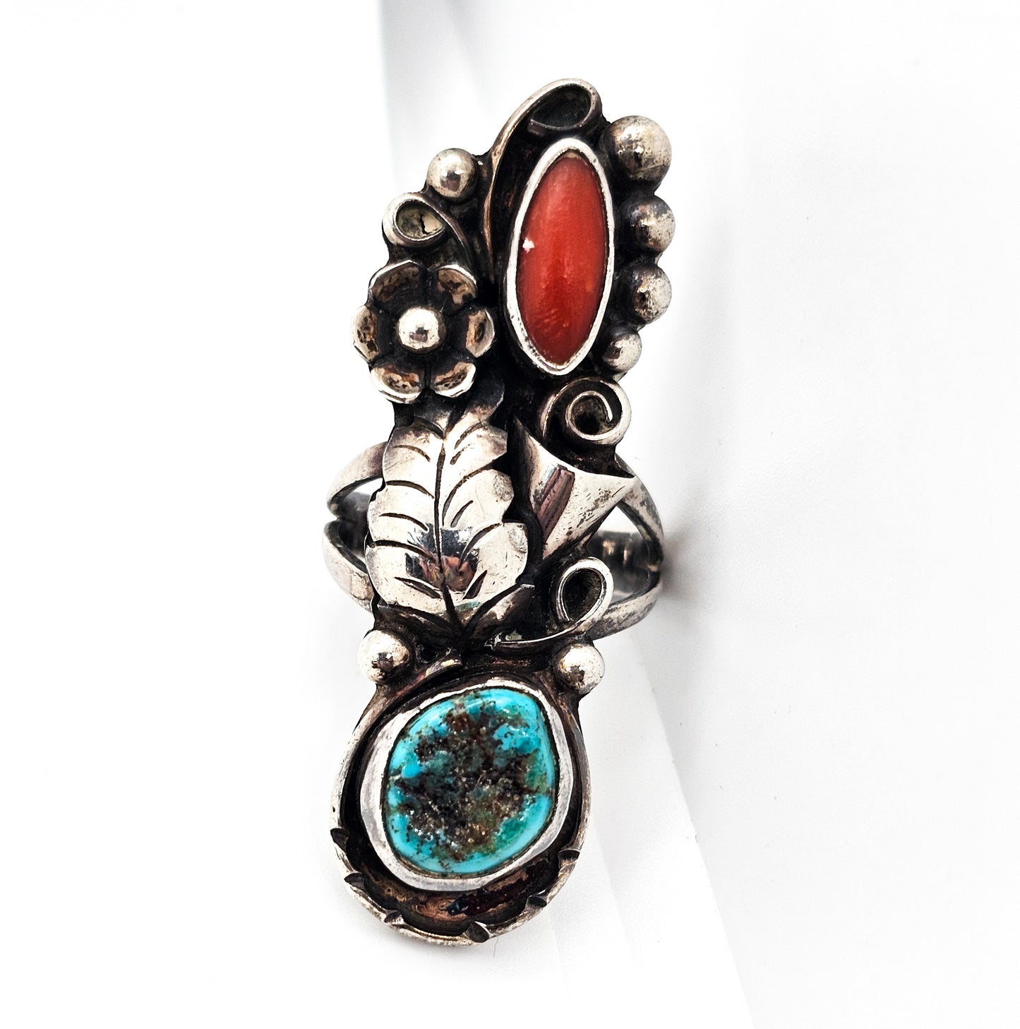 Phil Chapo turquoise and red coral Navajo Native American Sterling silver ring size 8