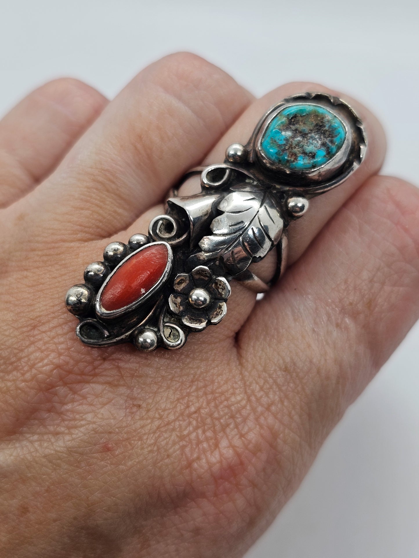 Phil Chapo turquoise and red coral Navajo Native American Sterling silver ring size 8
