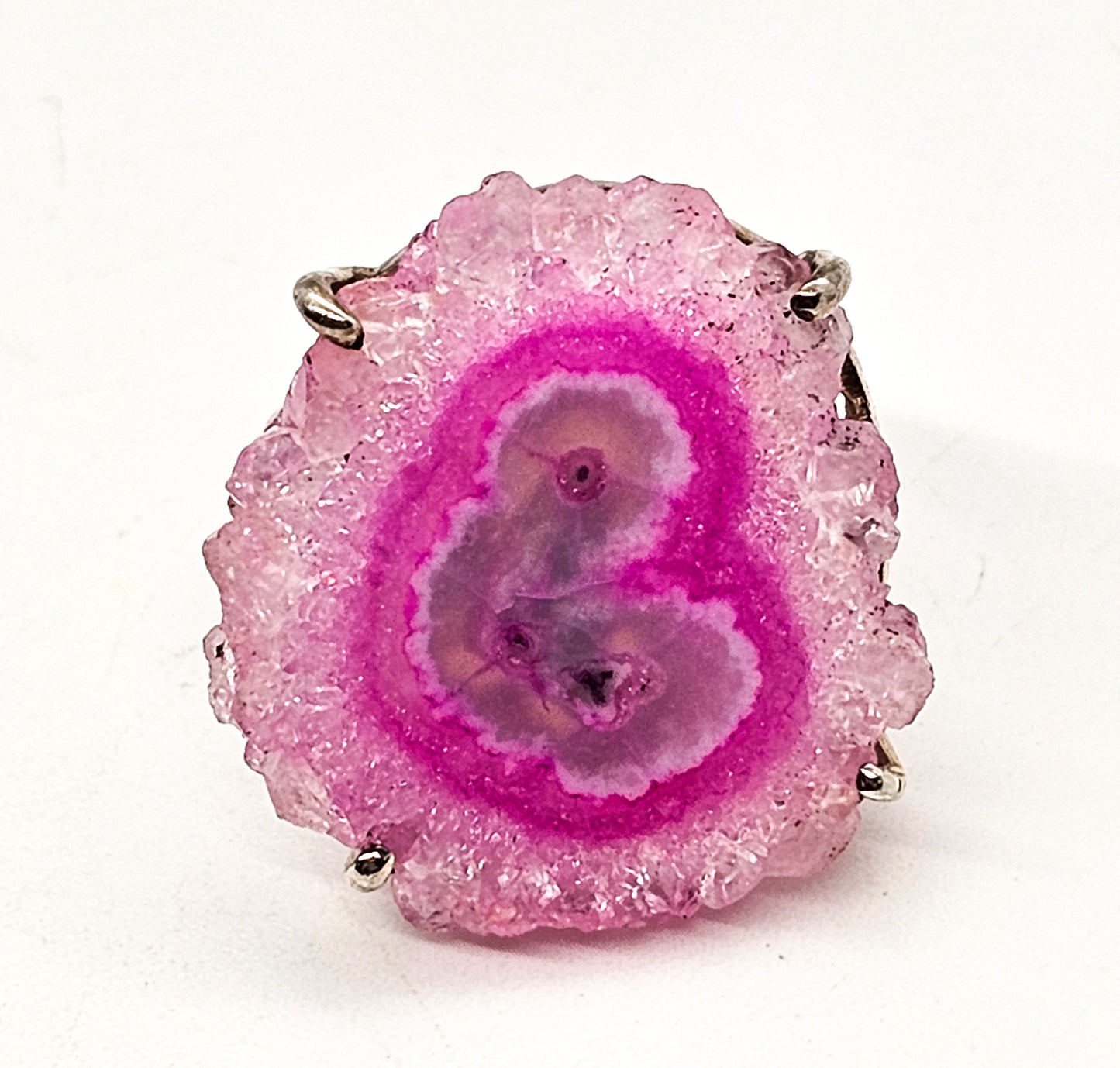 Pink banded quartz agate dyed gemstone sterling silver statement ring size 8