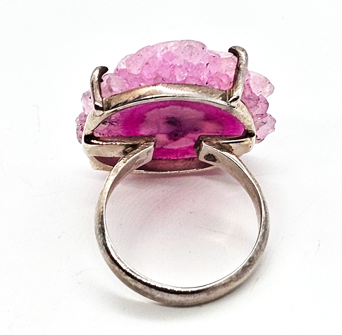 Pink banded quartz agate dyed gemstone sterling silver statement ring size 8