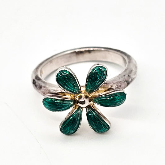 True Hearts green enamel guilloche hammered sterling silver ring size 7