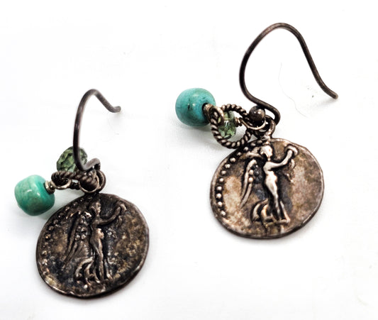 Sunken treasure sterling silver coin smoky topaz and turquoise earrings