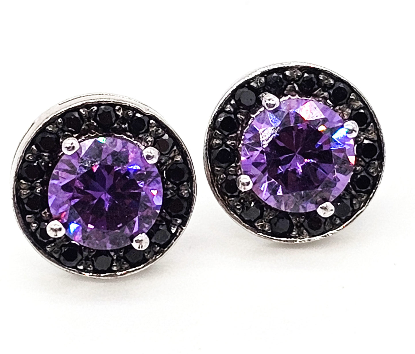 Tanzanite 1.3 ct gemstone with black tourmaline chip halo sterling silver stud earrings