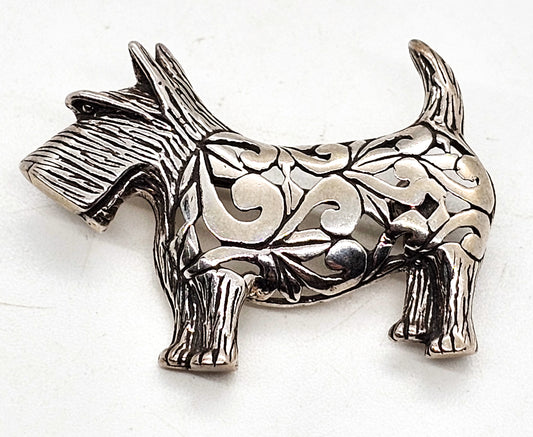 Jezlaine Scotty Dog figural vintage sterling silver tribal scroll dog canine brooch