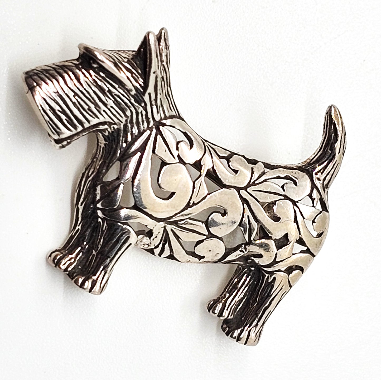 Jezlaine Scotty Dog figural vintage sterling silver tribal scroll dog canine brooch