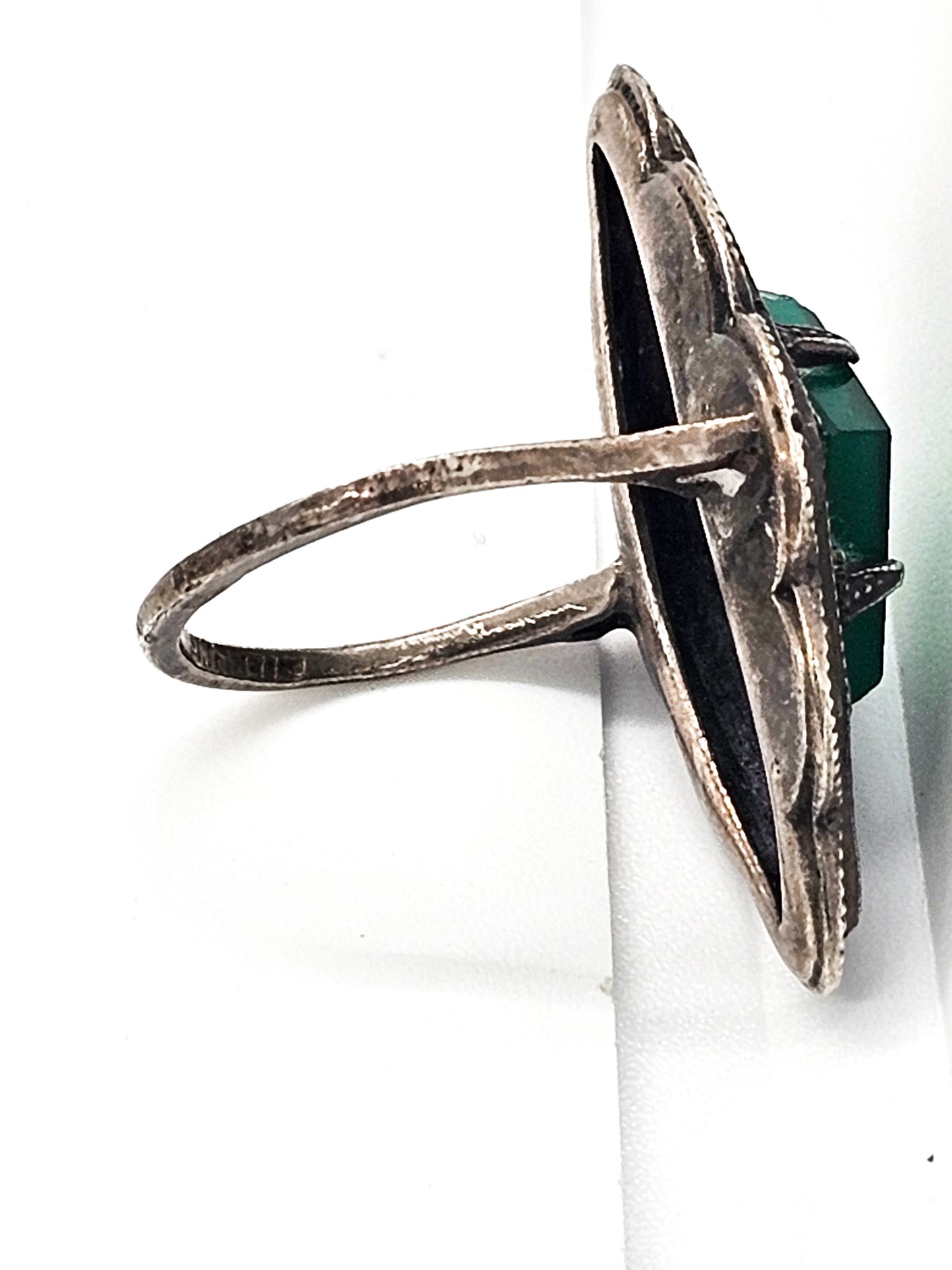 Chrysoprase green gem antique Art Deco Marcasite large sterling silver ring size 6.5