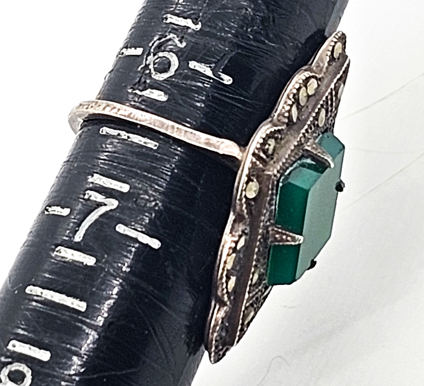 Chrysoprase green gem antique Art Deco Marcasite large sterling silver ring size 6.5