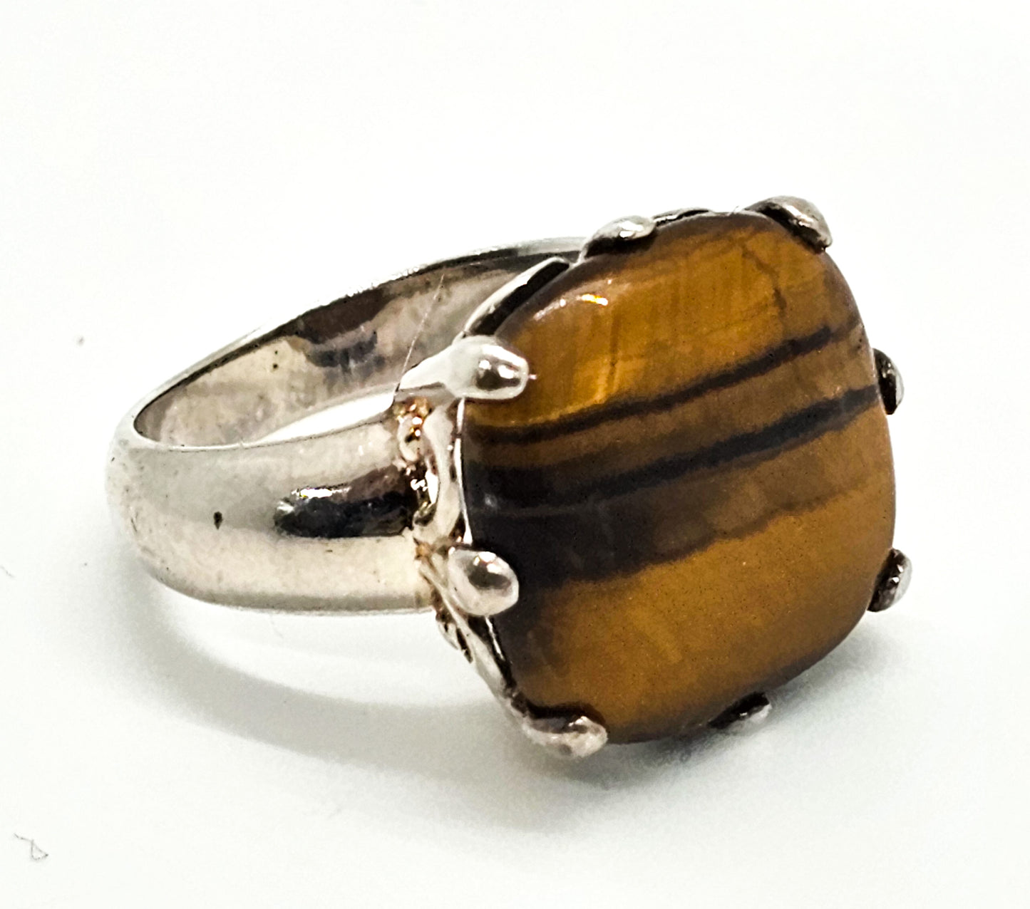 Fleur De Lis Large Tiger's Eye designer signed sterling silver ring size 7