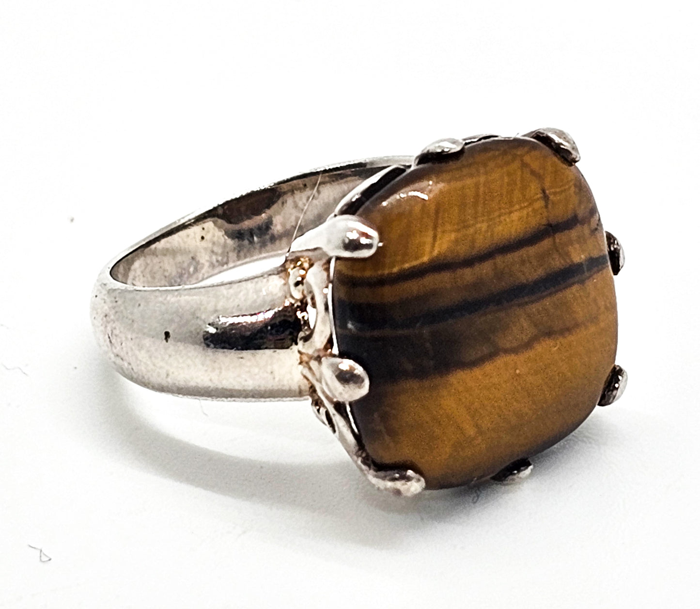 Fleur De Lis Large Tiger's Eye designer signed sterling silver ring size 7