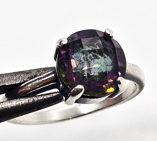 Mystic Topaz faceted round solitaire used sterling silver ring size 8