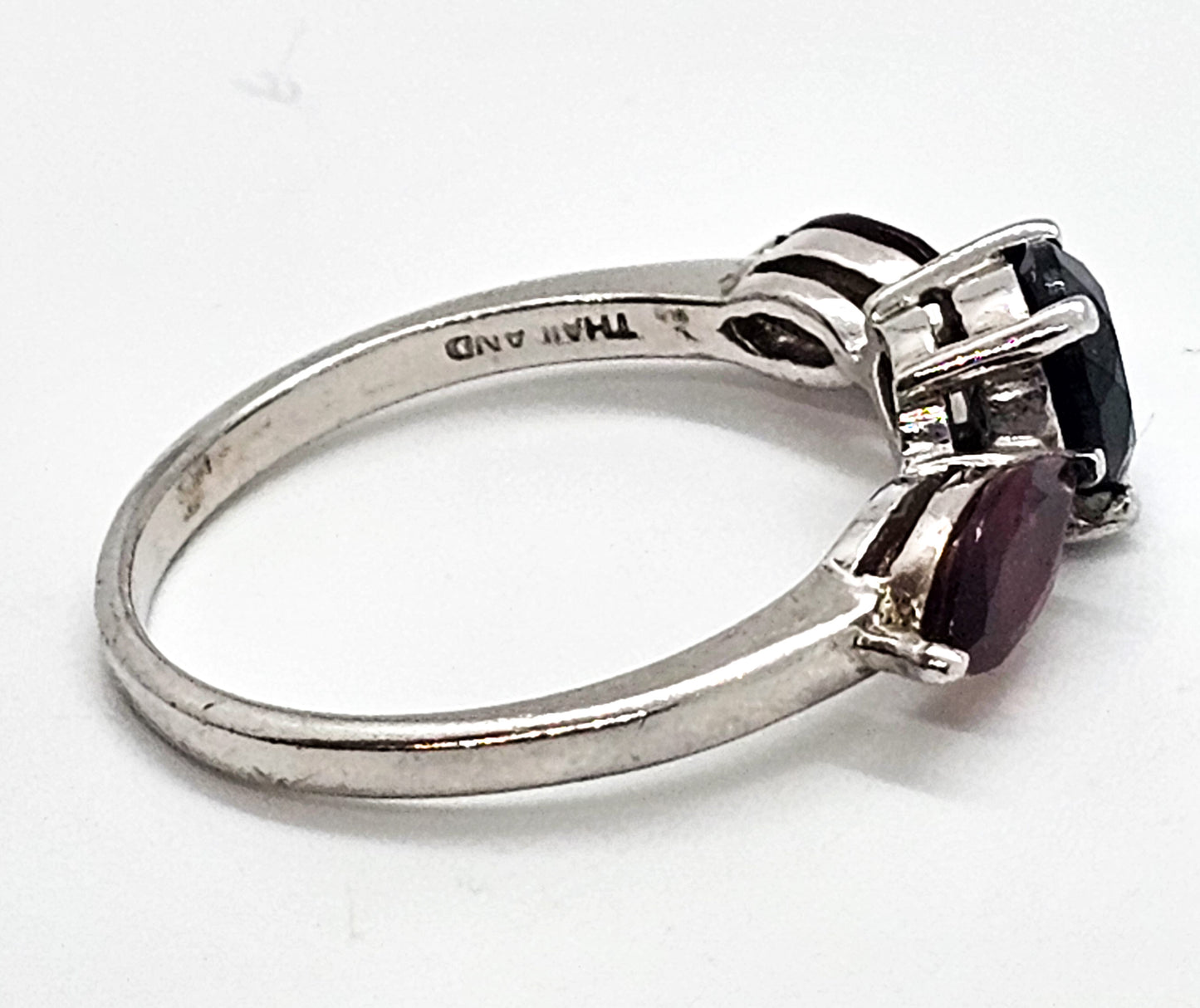 J&T Iolite and garnet gemstone bow sterling silver ring band size 10