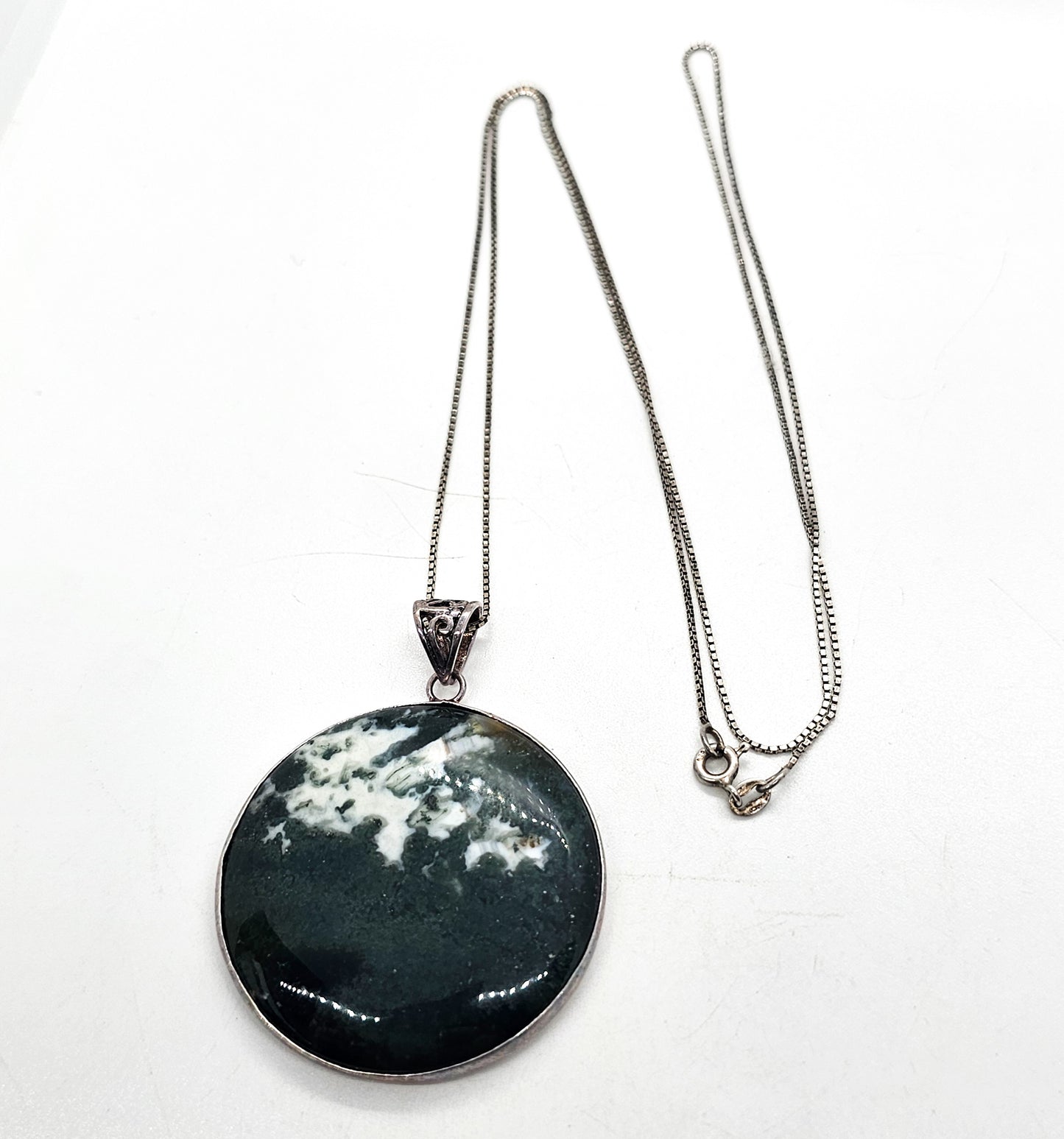 Moss Tree Agate large green gemstone sterling silver pendant necklace