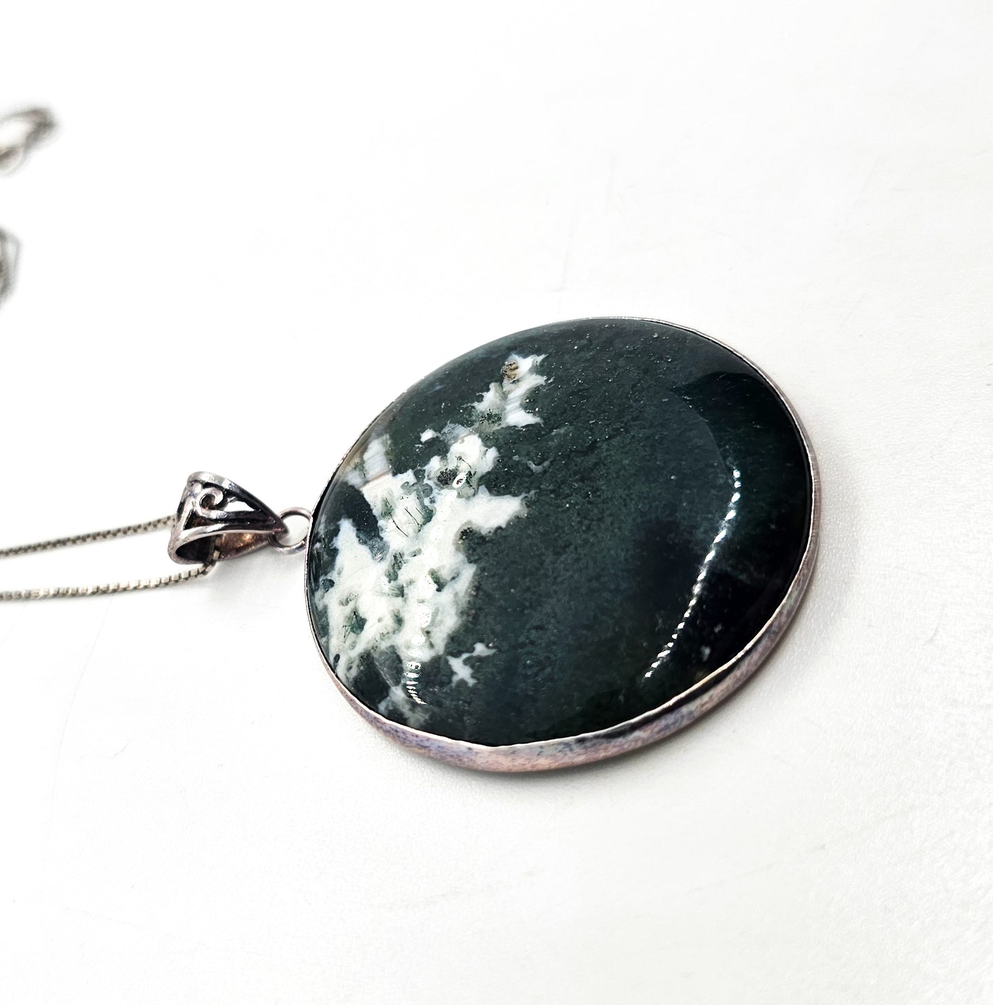 Moss Tree Agate large green gemstone sterling silver pendant necklace