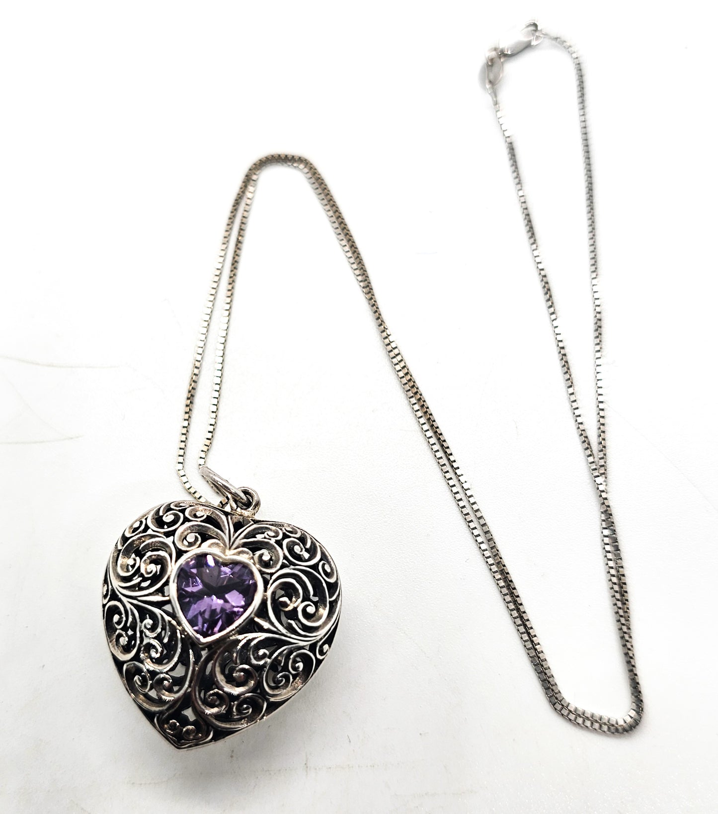 Amethyst purple gemstone heart filigree open work large puffy sterling silver necklace