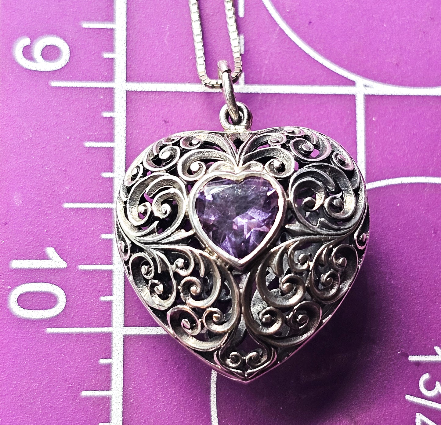 Amethyst purple gemstone heart filigree open work large puffy sterling silver necklace