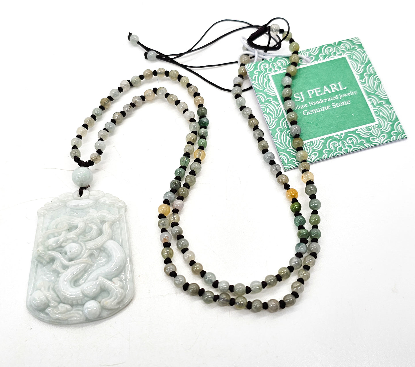 Feng Shui Chinese carved Jade Dragon beaded pendant adjustable corded necklace