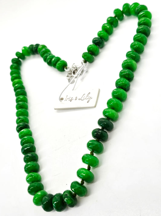 Iris and Lilly Emerald beaded rondelle cut silk strung silver plated necklace