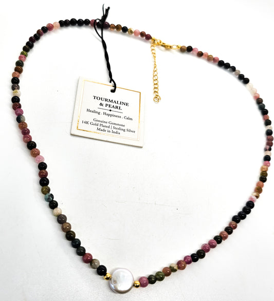 Rainbow Tourmaline pink pearl beaded gemstone 14k gold plated sterling silver necklace