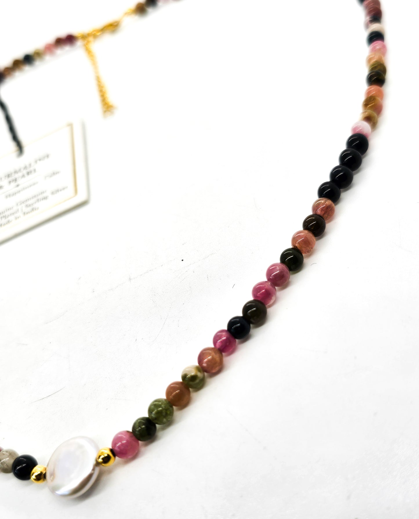 Rainbow Tourmaline pink pearl beaded gemstone 14k gold plated sterling silver necklace