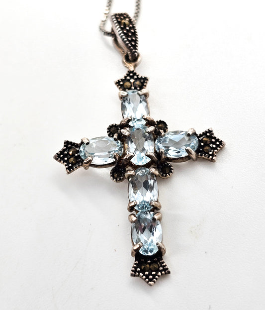 Blue topaz and marcasite sterling silver cross gemstone necklace