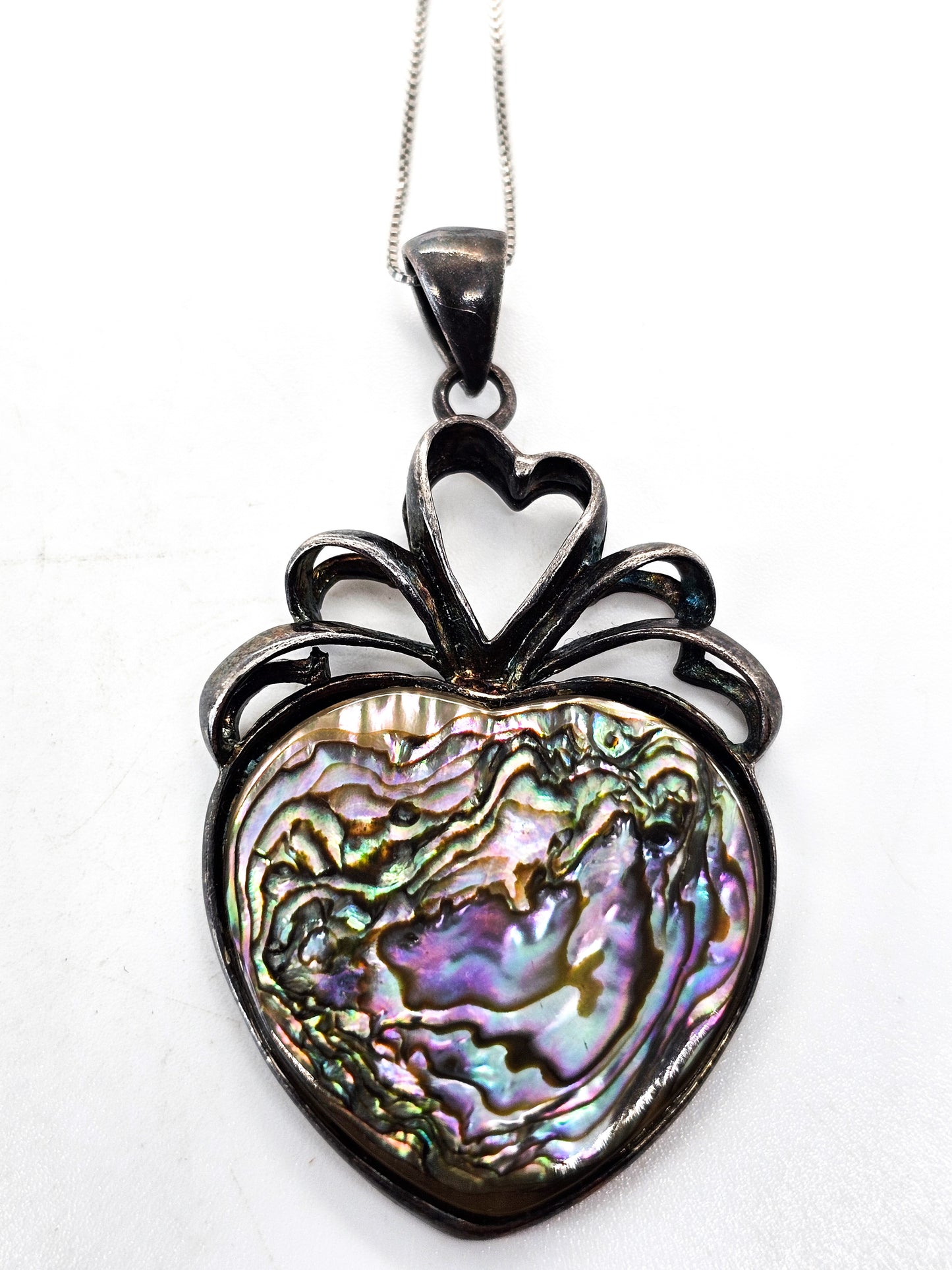 Abalone heart open work large sterling silver vintage pendant necklace