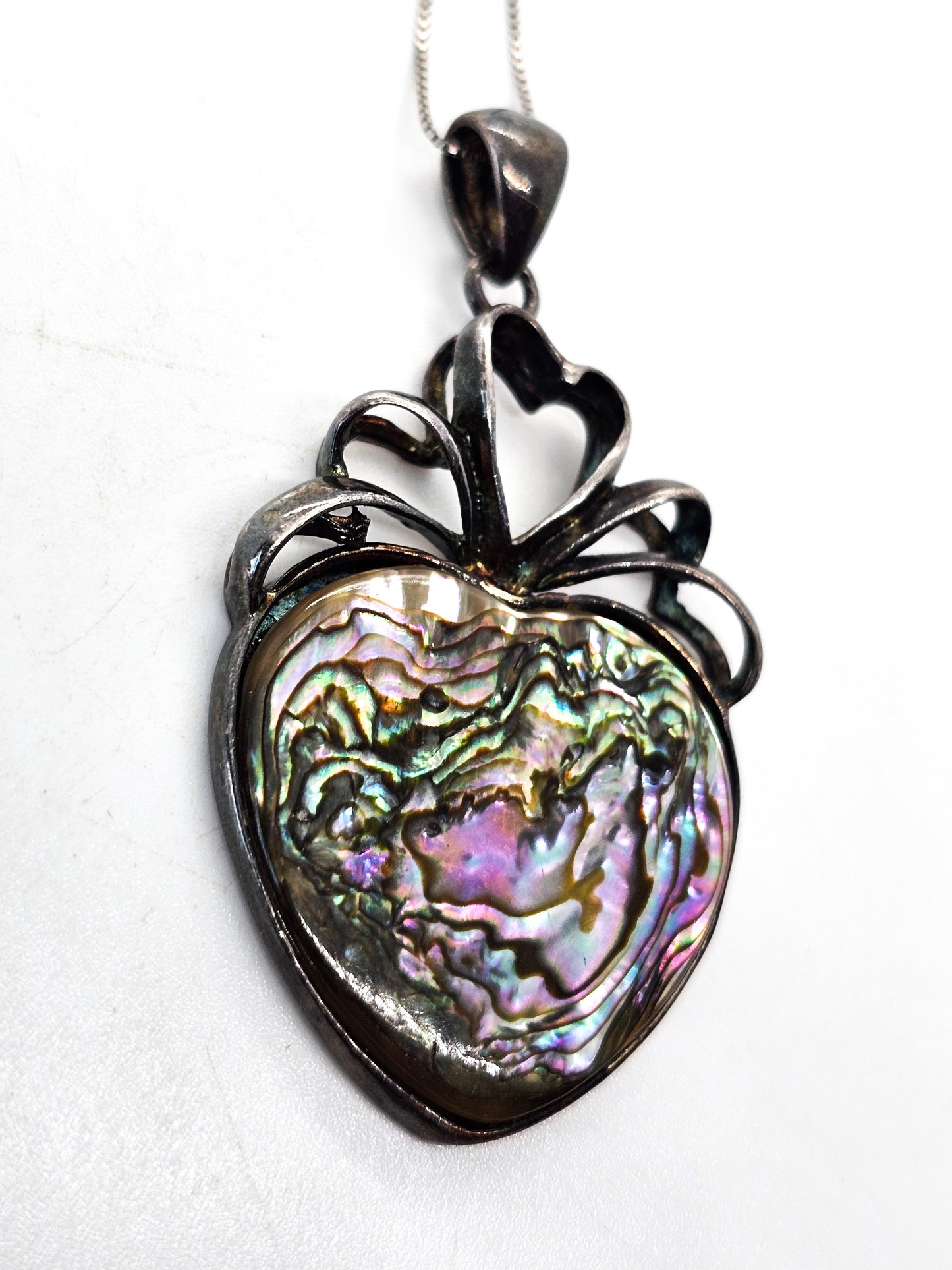 Abalone heart open work large sterling silver vintage pendant necklace