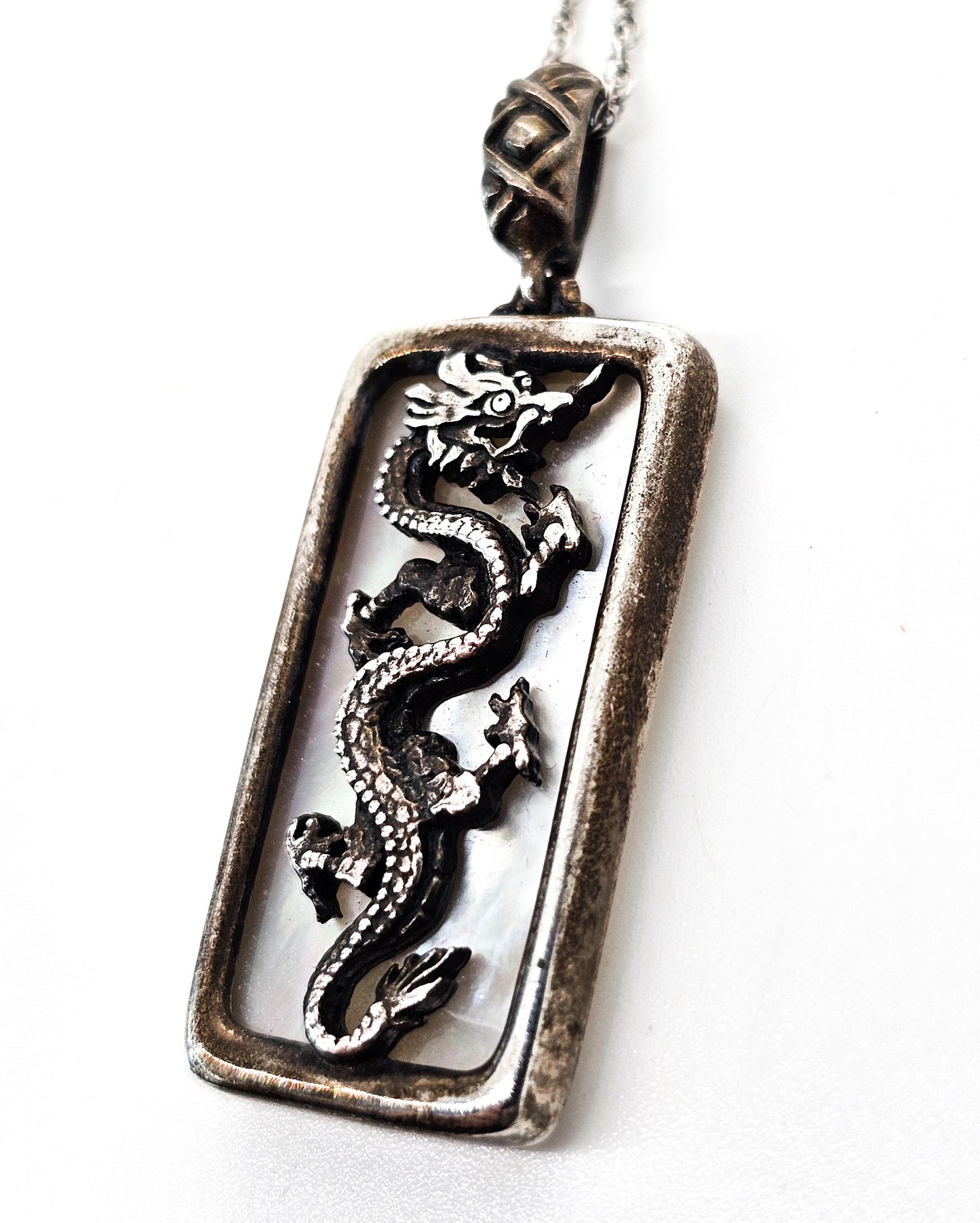 Dragon Mother of Pearl MOP sterling silver vintage pendant