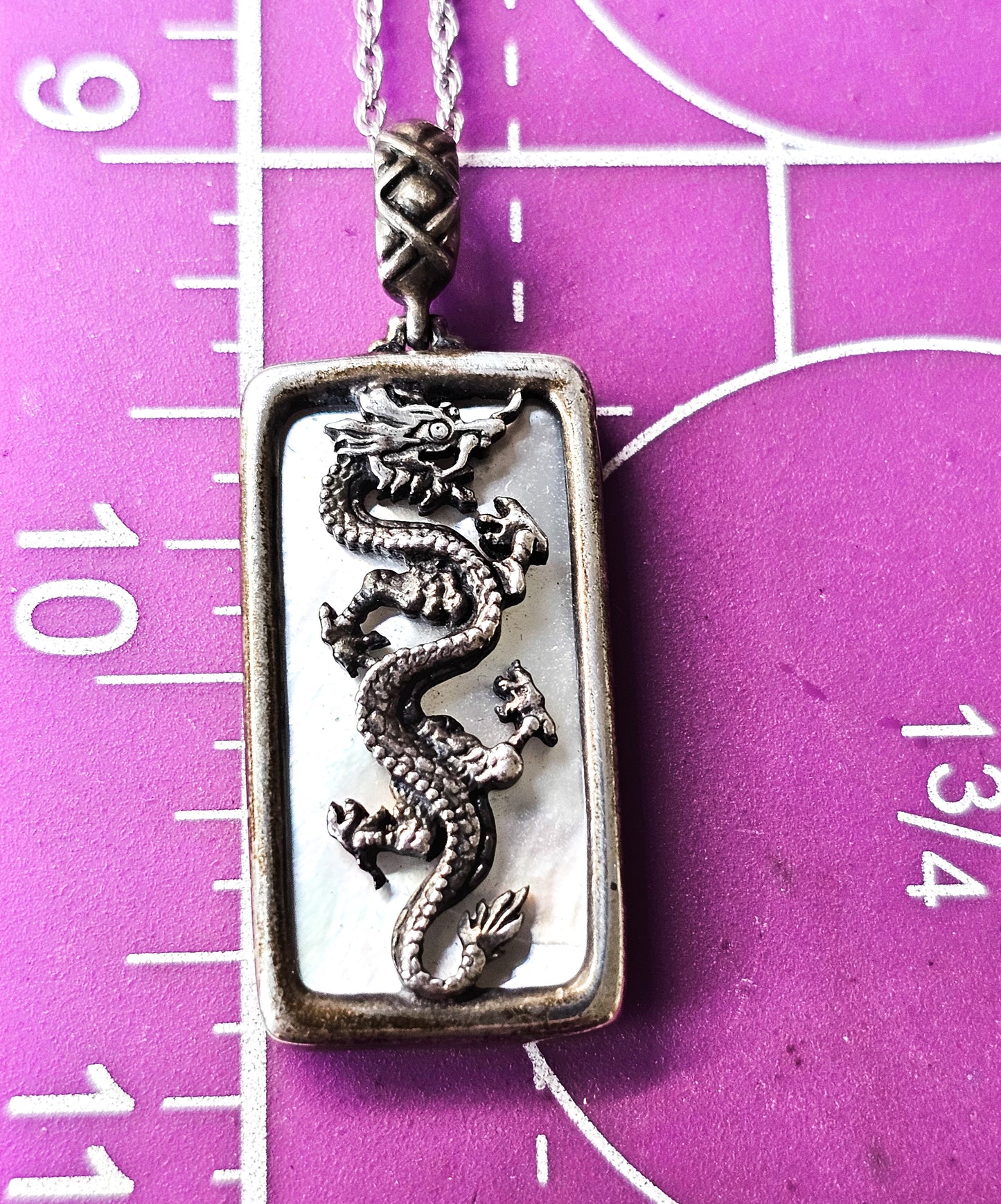 Dragon Mother of Pearl MOP sterling silver vintage pendant
