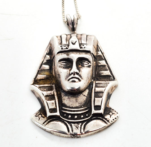 Egyptian Revival King Tut pharaoh vintage sterling silver pendant necklace