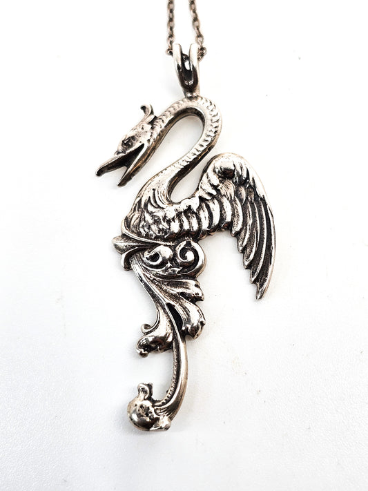 Art Nouveau flying gryphon dragon antique sterling silver pendant necklace