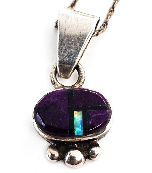 Opal, Onyx and purple Charoite gemstone inlay vintage sterling silver necklace
