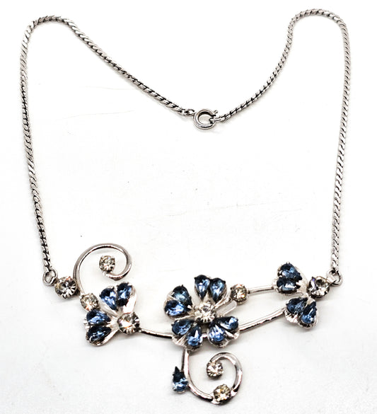 Lucky Clover pear cut blue rhinestone rhodium plated mid century vintage necklace