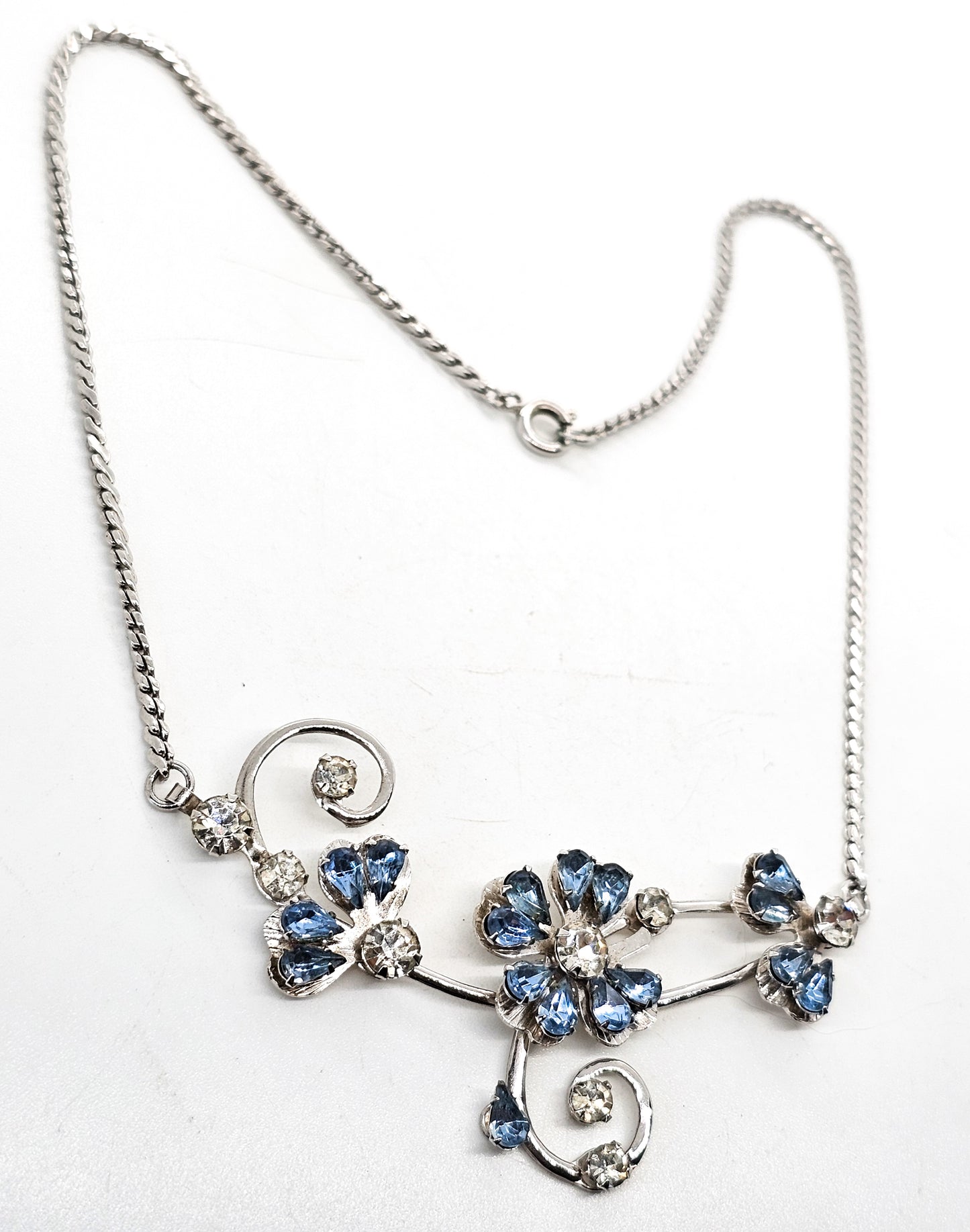 Lucky Clover pear cut blue rhinestone rhodium plated mid century vintage necklace
