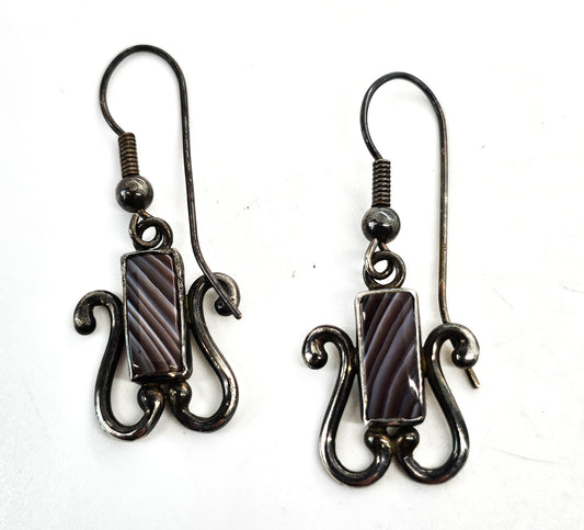 Banded Agate long hook drop scroll vintage sterling silver drop earrings