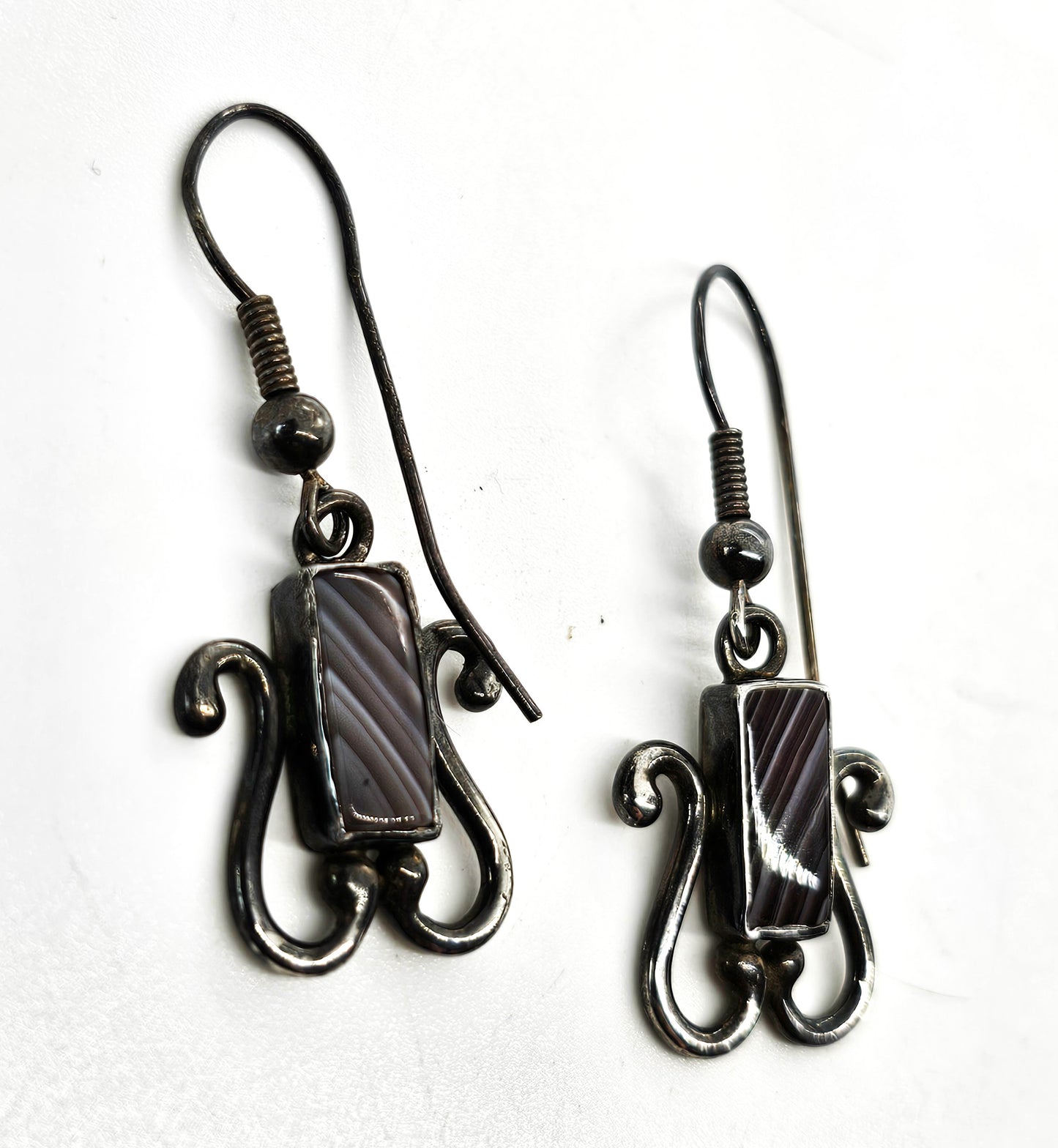 Banded Agate long hook drop scroll vintage sterling silver drop earrings