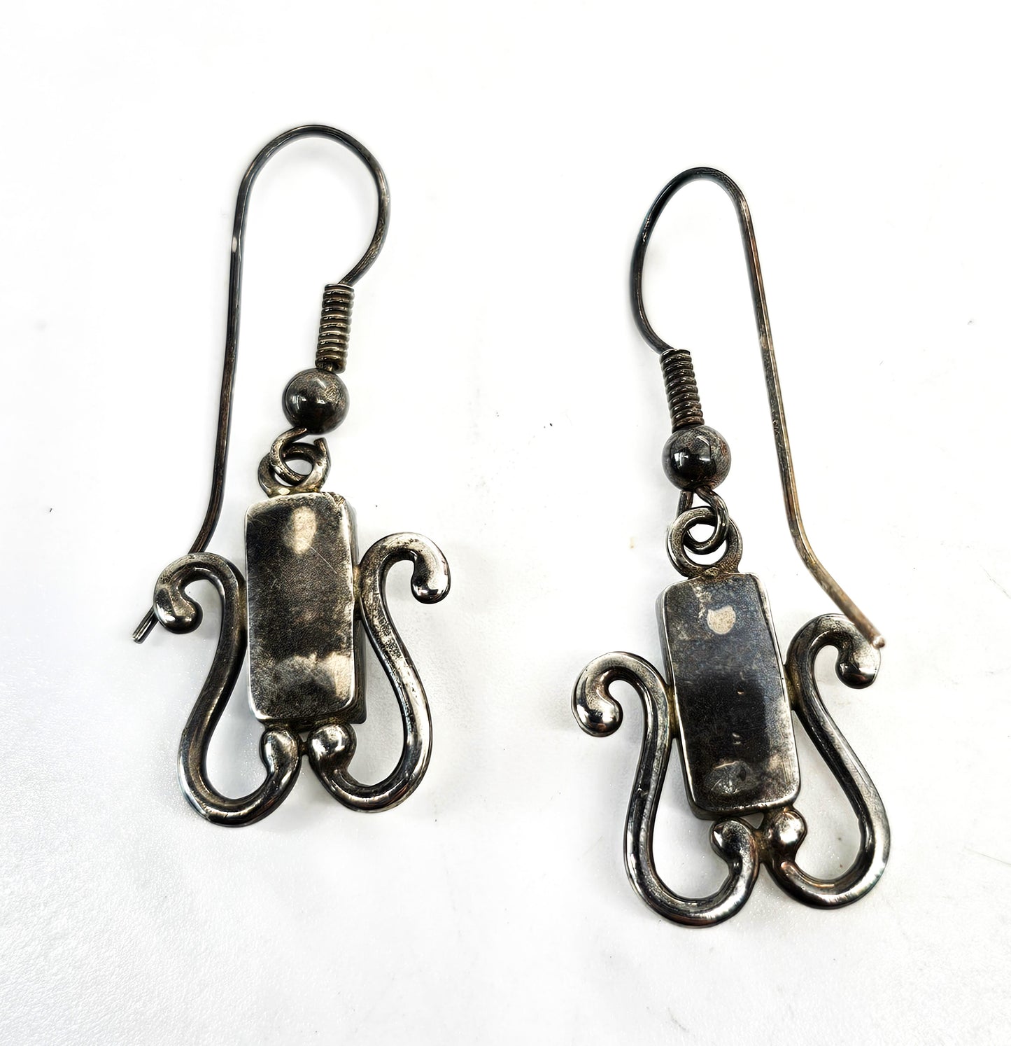 Banded Agate long hook drop scroll vintage sterling silver drop earrings