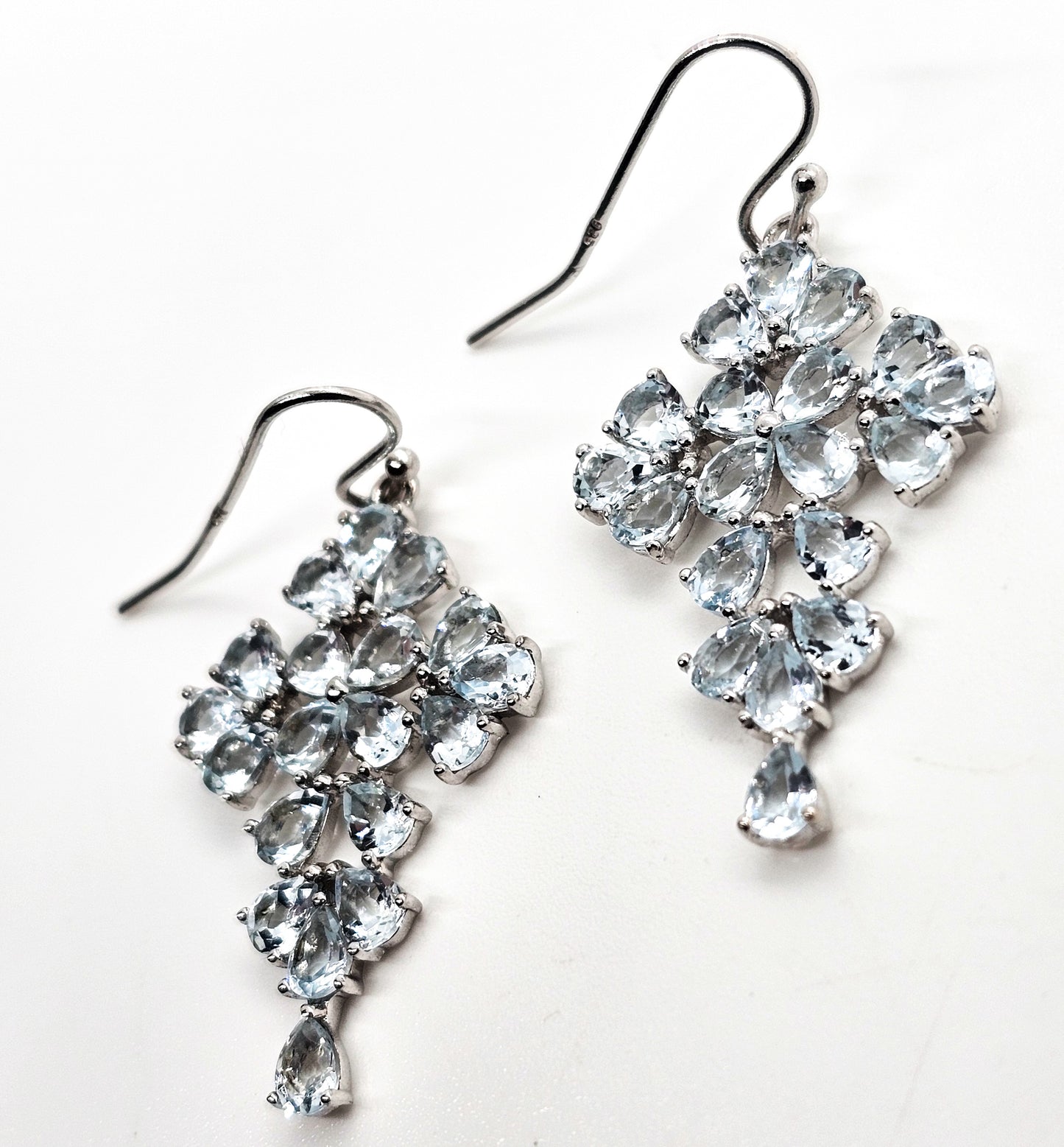 Aquamarine blue gemstone pear cut cross sterling silver drop earrings