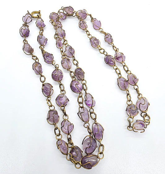 Amethyst undrilled gemstone long retro boho hippy brass vintage cage necklace 32 inch