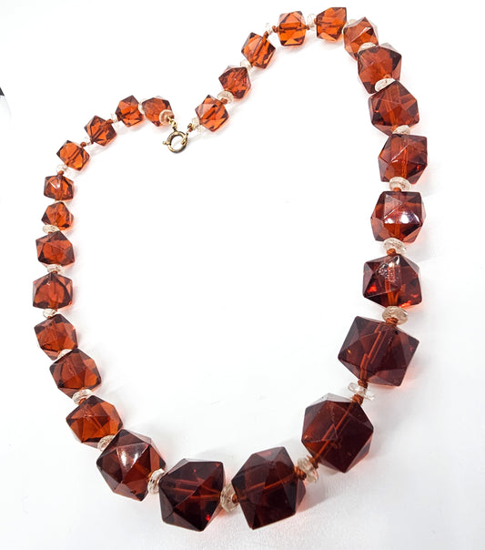 Art Deco Lead Crystal Czech glass Root Beer Brown gold filled beaded antique necklace